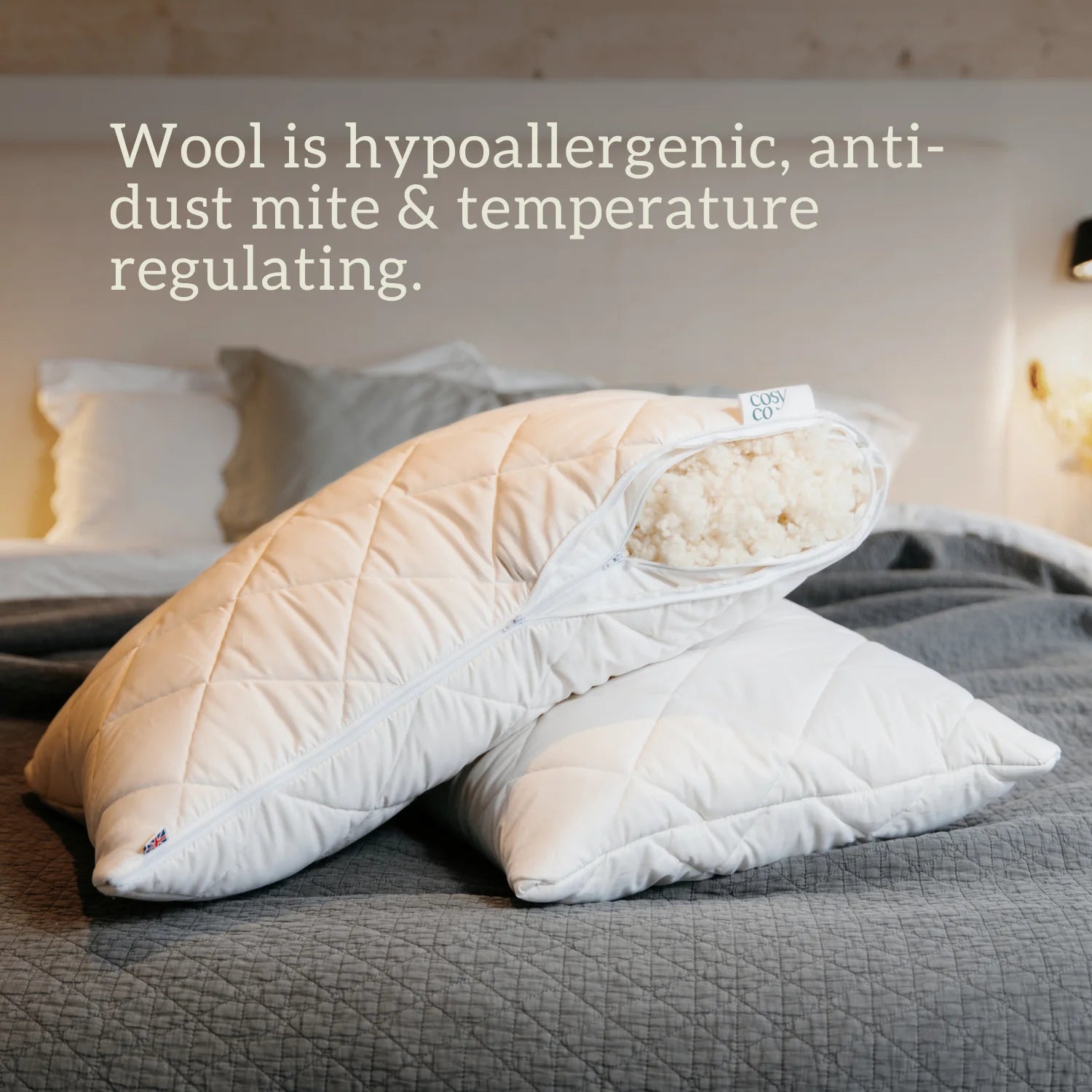 Handcrafted in the UK using organic British wool and 100% cotton cover (both OEKO-TEX standard 100), this pillow offers comfort and sustainability. Add the optional quilted cover for extra cosiness. Wool is hypoallergenic, anti-dust mite & temperature regulating.