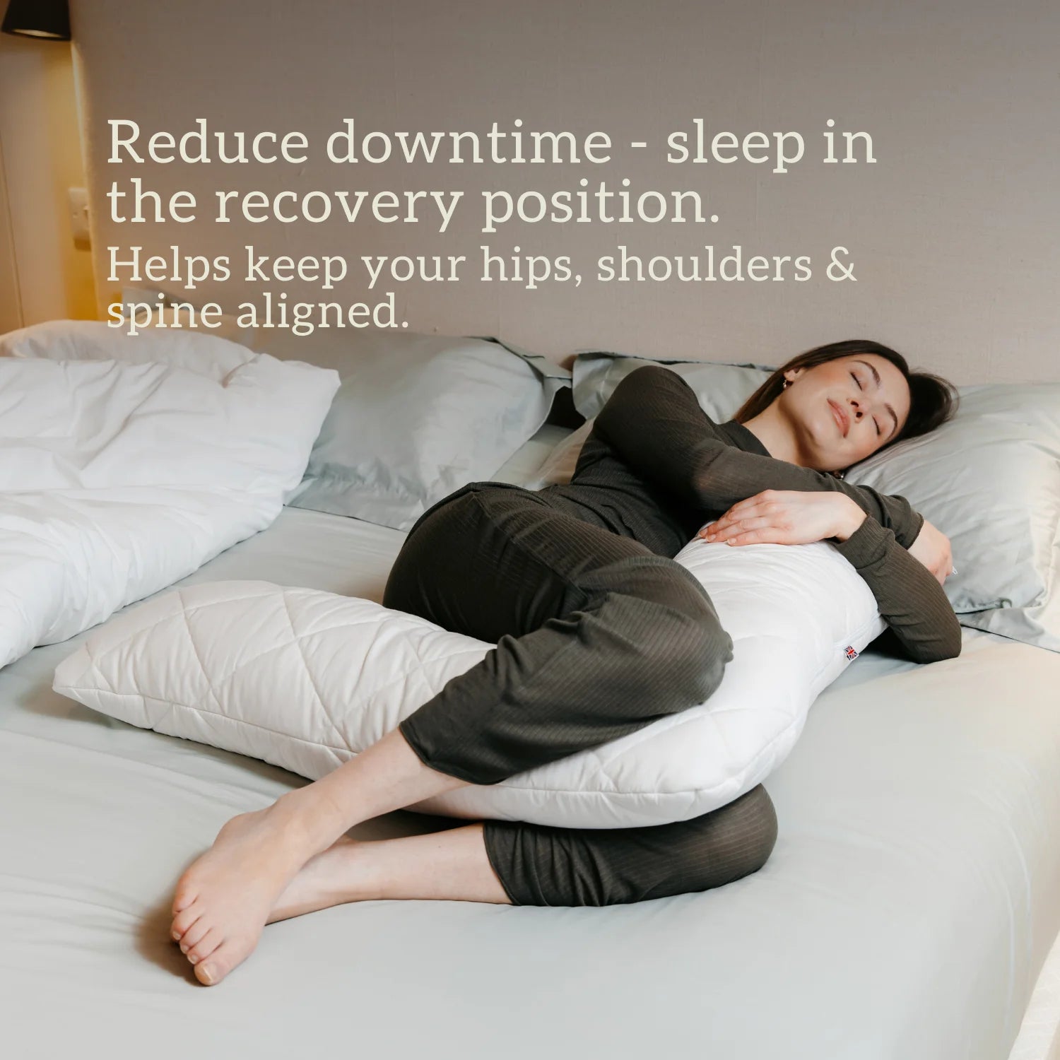 Organic British Wool V shaped Pillow - Reduce downtime - sleep in the recovery position. Helps keep your hips, shoulders & spine aligned.