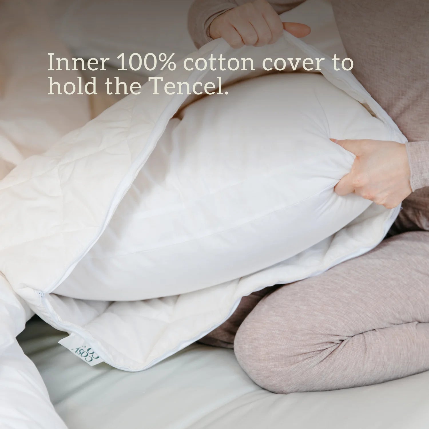 Tencel Pillow - 100% cotton inner cover & quilted British wool & cotton outer. Tencel is: sustainable, renewable, plant made, anti-microbial, hypoallergenic, quiet, temperature regulating, moisture-wicking.