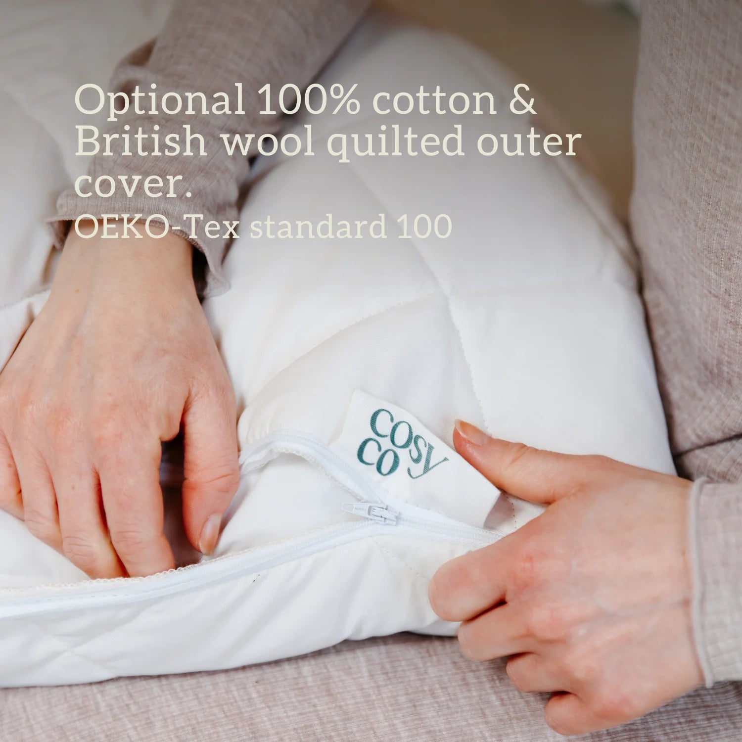 Tencel Pillow - quilted British wool & 100% cotton cover. Tencel is: sustainable, renewable, plant made, anti-microbial, hypoallergenic, quiet, temperature regulating, moisture-wicking & natural.