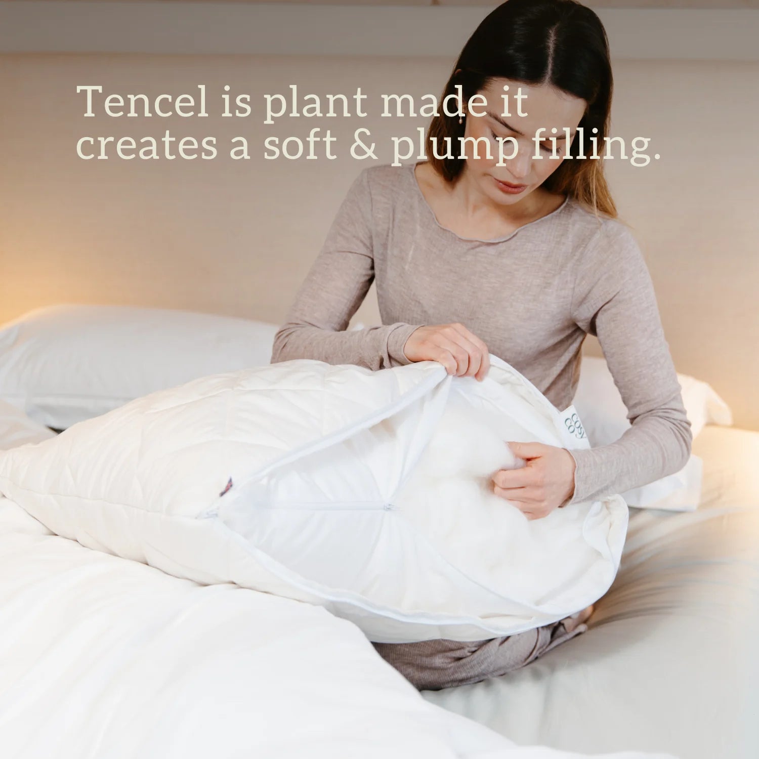Tencel Pillow - Soft & plump. Tencel is: sustainable, renewable, plant made, anti-microbial, hypoallergenic, quiet, temperature regulating, moisture-wicking & natural.