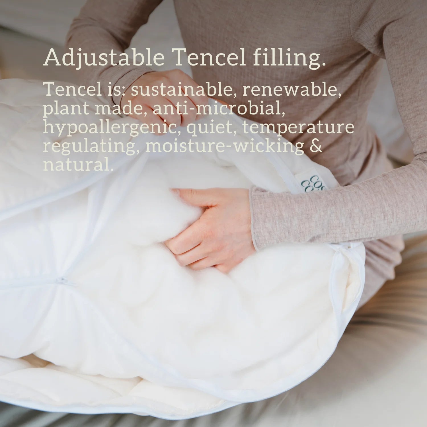 Tencel Pillow - Adjustable filling. Tencel is: sustainable, renewable, plant made, anti-microbial, hypoallergenic, quiet, temperature regulating, moisture-wicking & natural.
