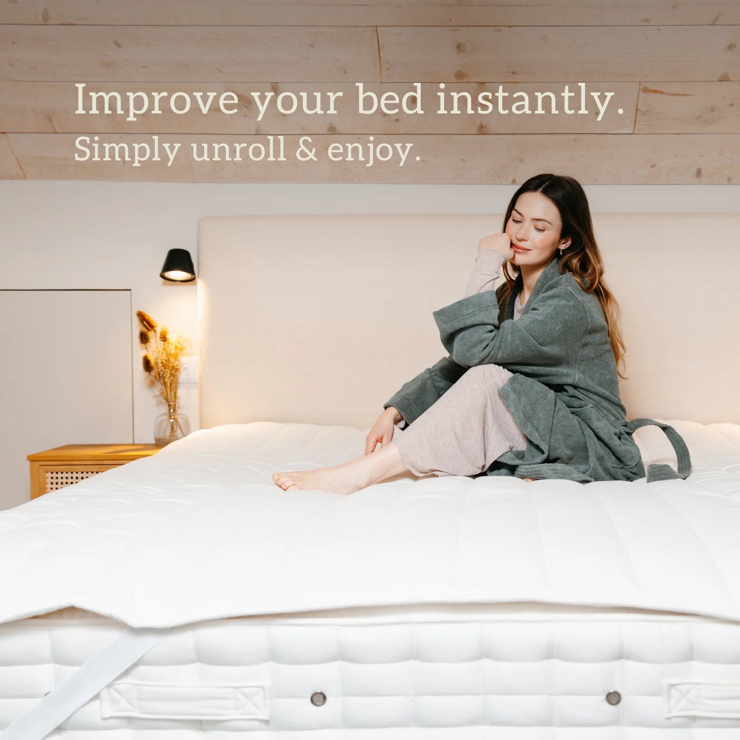 British Wool Mattress Topper - 100% Egyptian Cotton Handmade in the UK Improve your bed instantly. Simply unroll & enjoy.