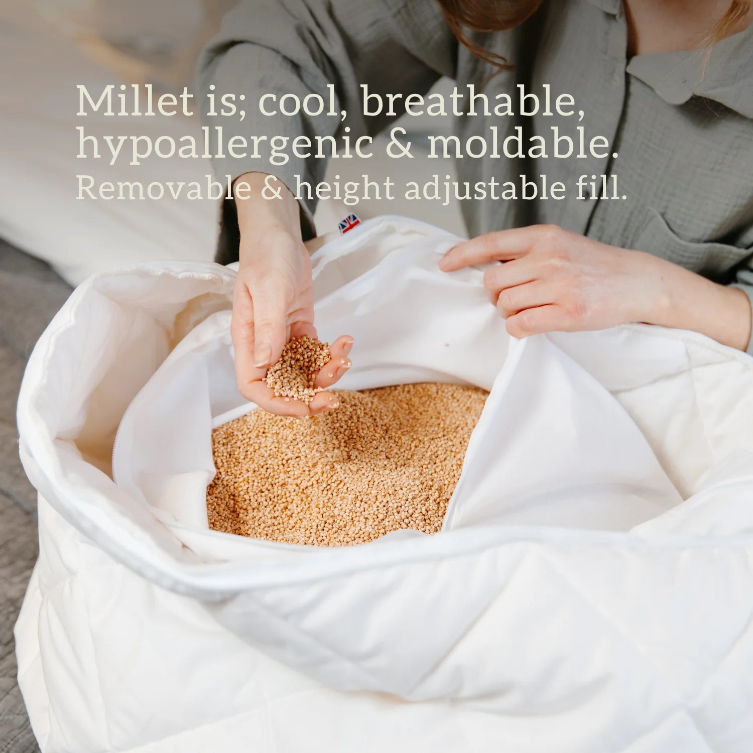 Organic Millet Pillow - 100% cotton Cover handmade in the UK no Plastic Millet is cool, breathable, hypoallergenic, moldable & eight adjustable.