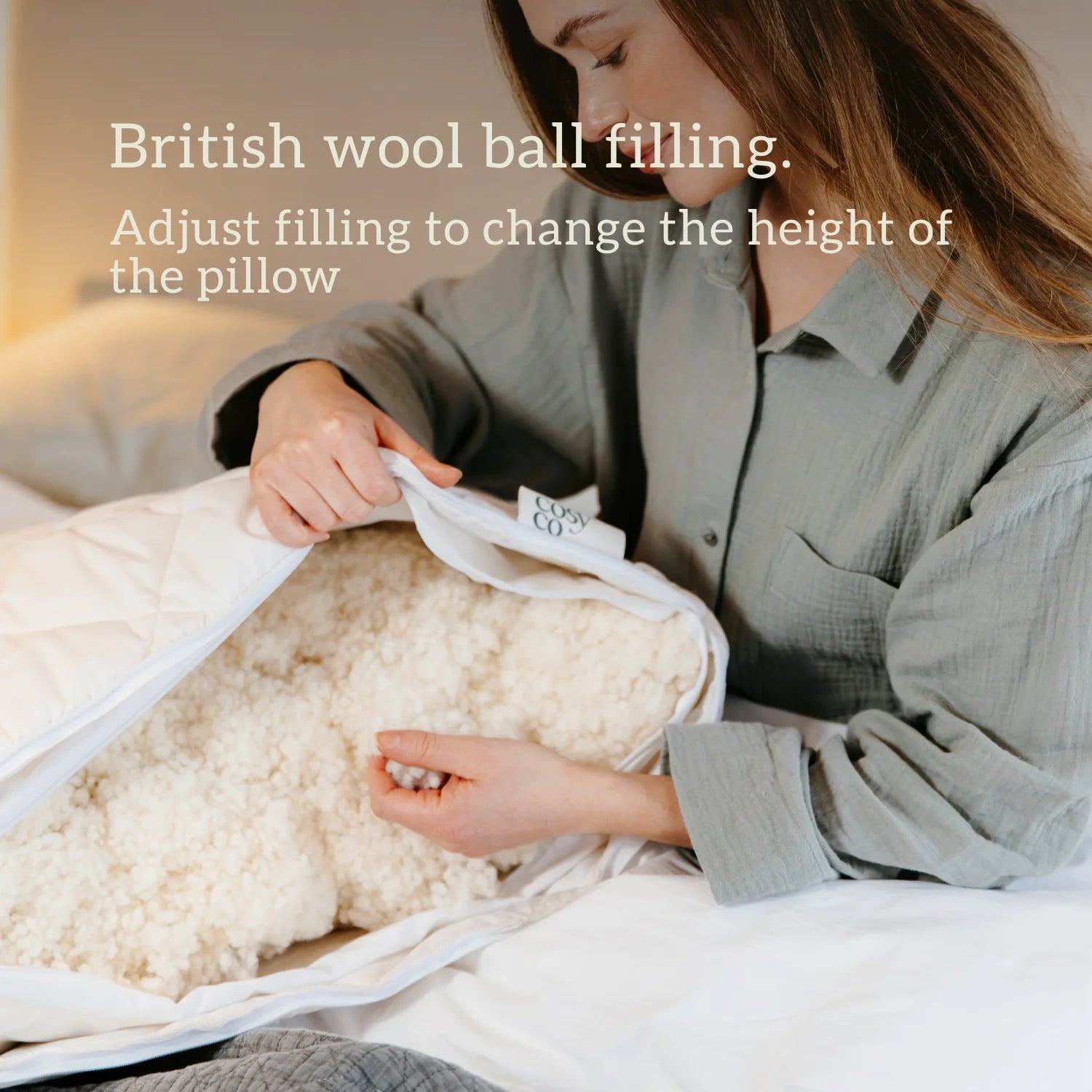 Height adjustable wool pillow. Handcrafted in the UK using organic British wool and 100% cotton cover (both OEKO-TEX standard 100), this pillow offers comfort and sustainability. Add the optional quilted cover for extra cosiness. Wool is hypoallergenic, anti-dust mite & temperature regulating.
