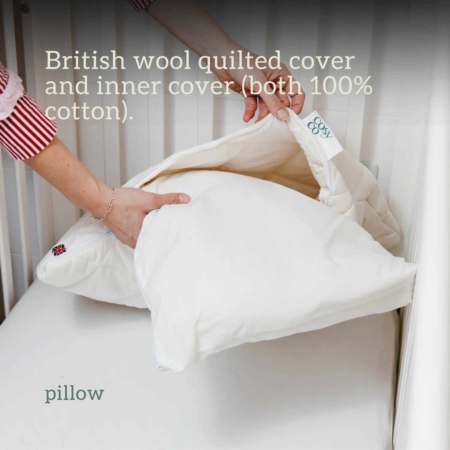 Cot Bed Duvet & Pillow Set - British wool 120x150cm 100% cotton locally made UK hypoallergenic, temperature regulating